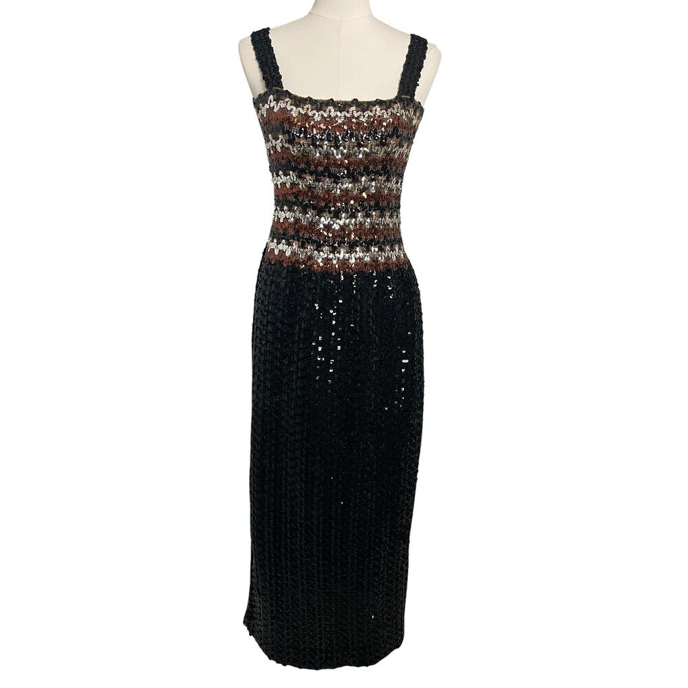 Vintage Sequin Maxi Dress Womens Black Bronze Stretch Knit Evening Party Glam